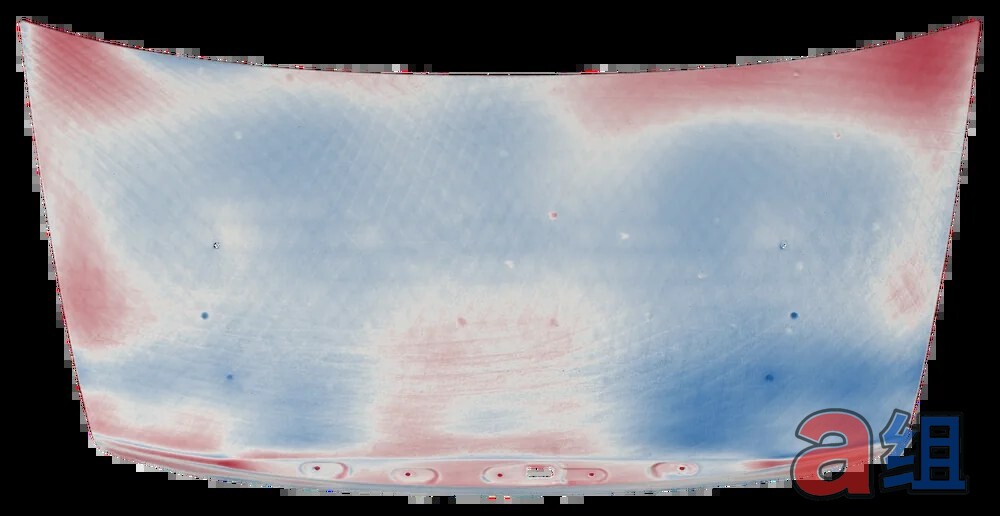 Original CAD compared to the scan, with red and blue areas