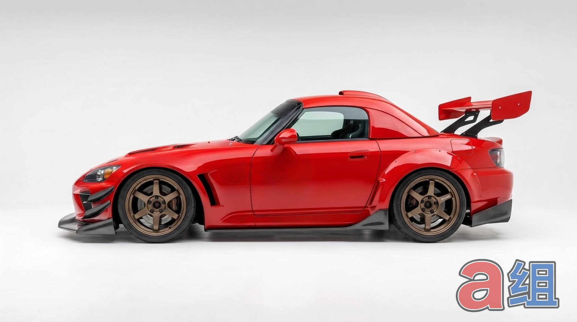 Honda S2000 GT300-style concept render, side profile with hardtop, GT wing and bronze wheels