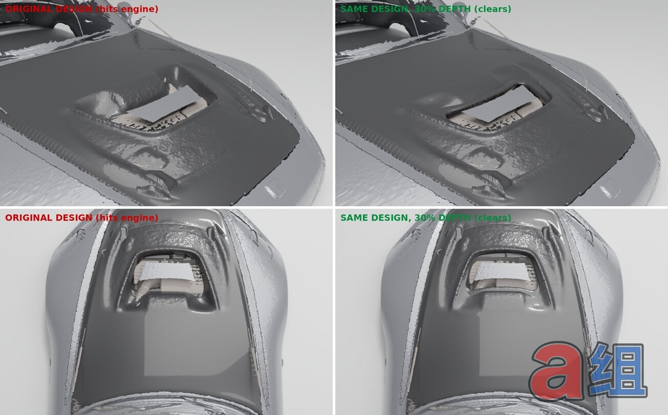Comparison of the original deep vent duct and a shallower duct against the engine
