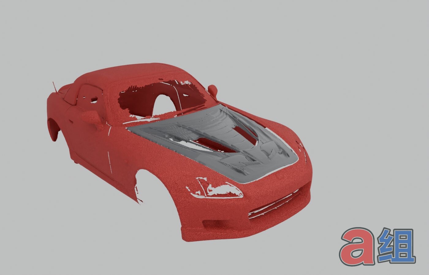 S2000 hood design round 4, louvers stretched across the full stock hood shape, front 3/4 view