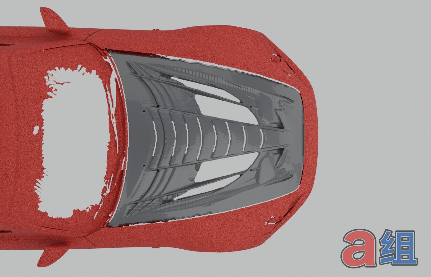 3D scan of a Honda S2000 (red) with the new vented hood design (grey) placed on top