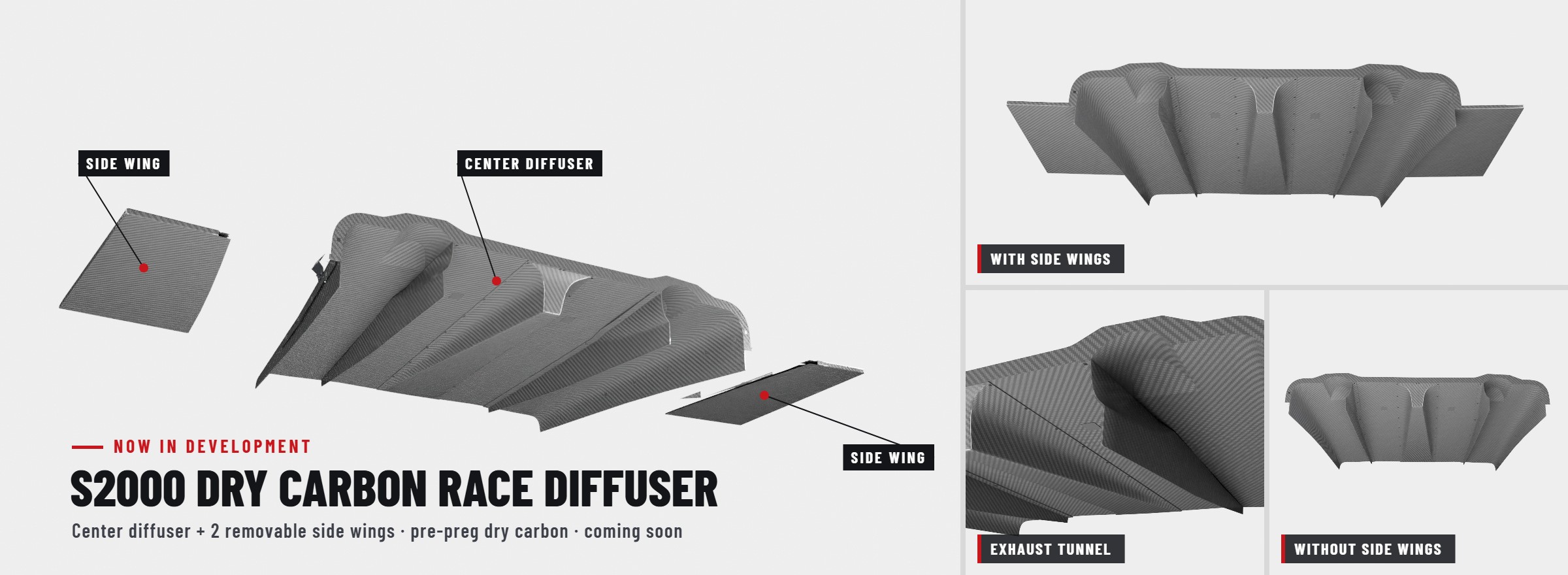 S2000 dry carbon race diffuser exploded view with center diffuser and two side wings