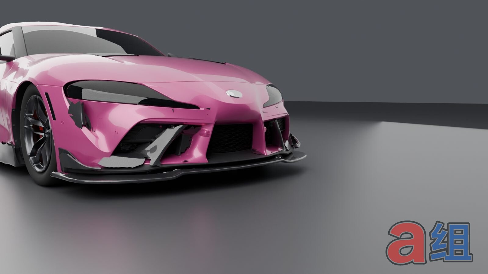 Supra with bolt-on splitter, canards and side skirts, low front view
