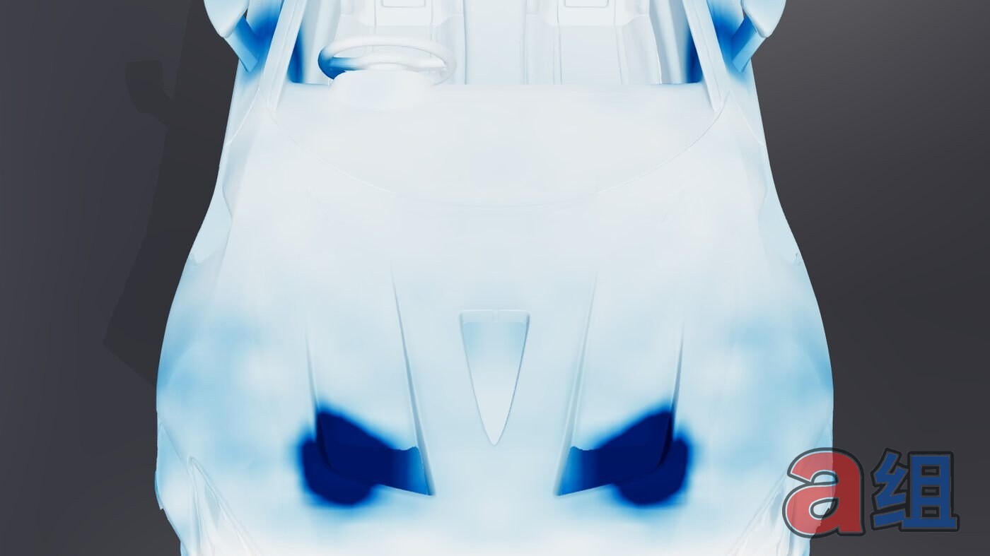 Airflow simulation top view showing suction at the hood vents