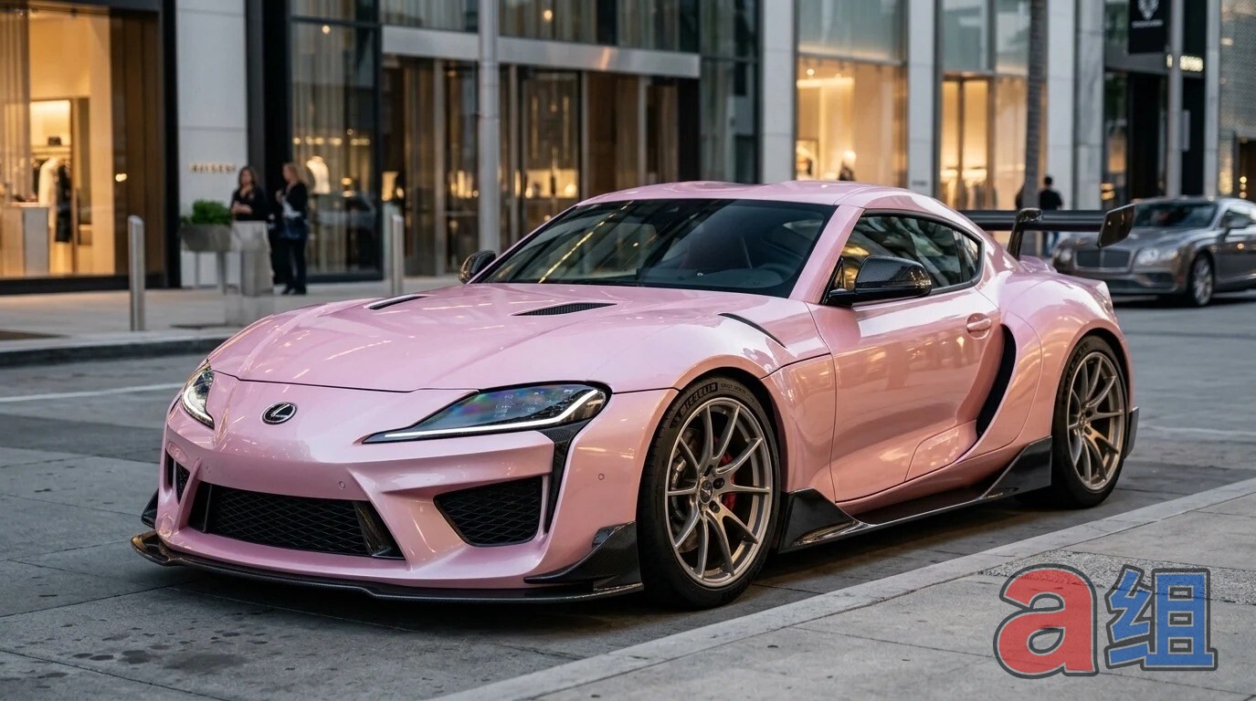Toyota GR Supra GT widebody design render, pink, parked on a city street