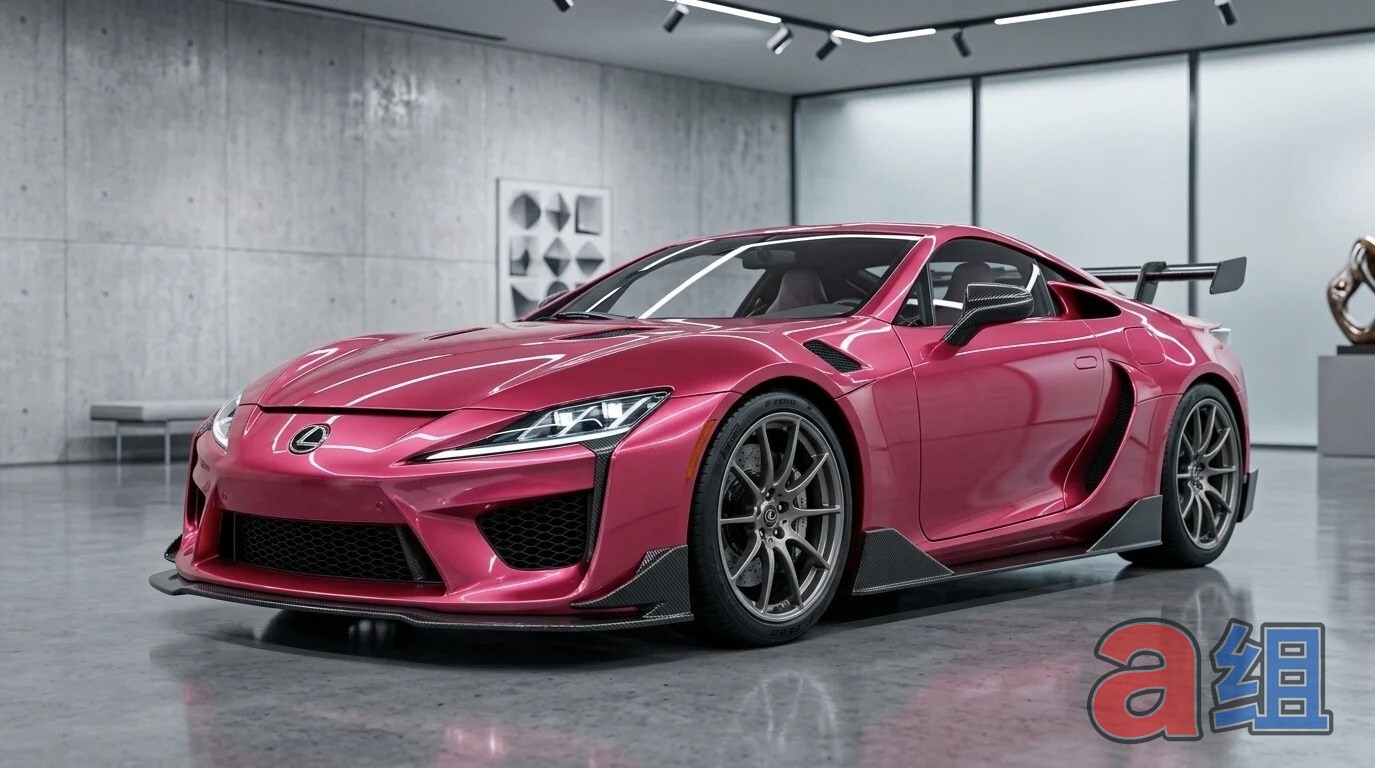 Toyota GR Supra GT widebody design render, pink, in a studio